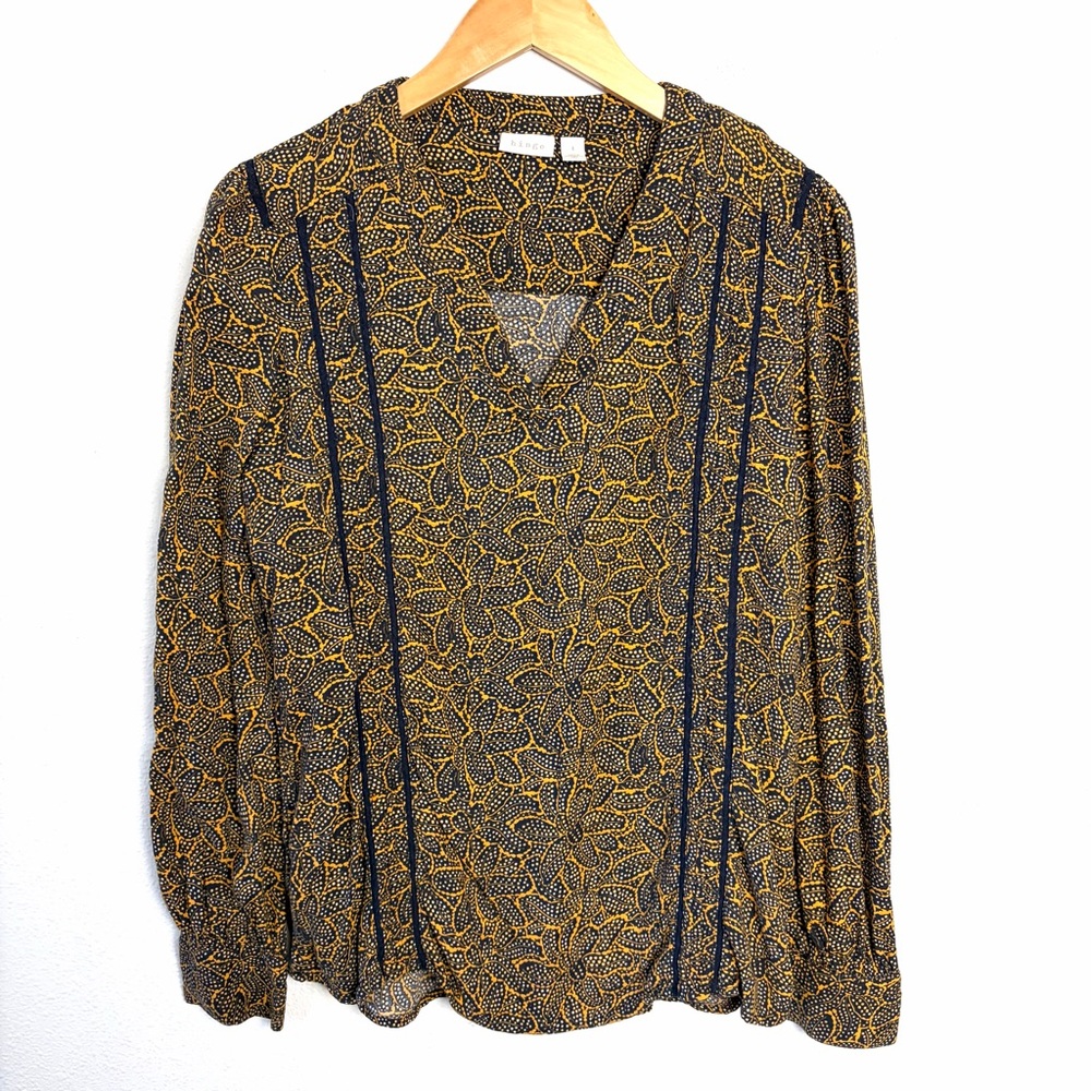 Hinge Black Mustard peasant Floral Blouse top long sleeve sz L lace trim